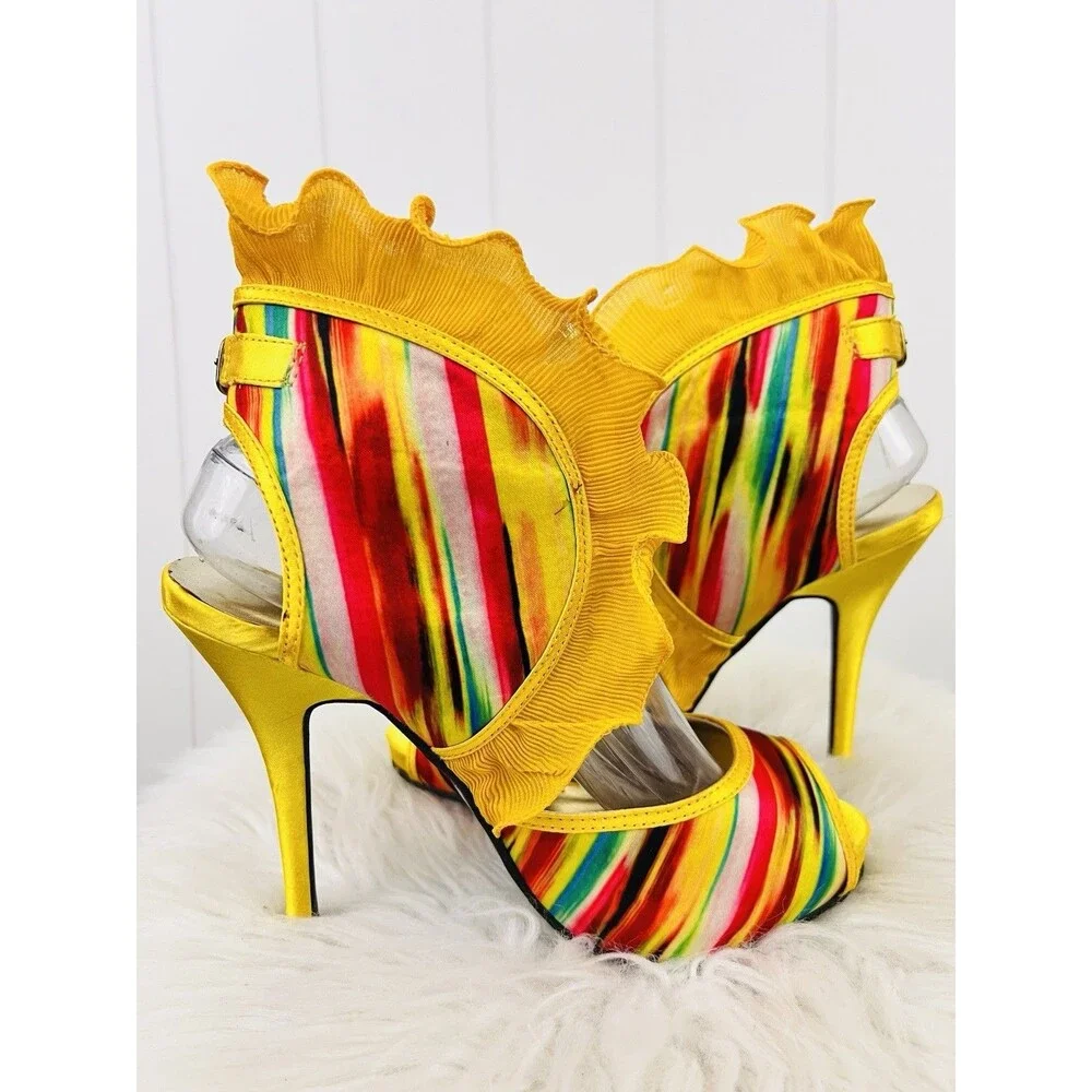 Glamorous Wild Rose Platform Stiletto Heels Ruffled Ankle Strap Size 9
